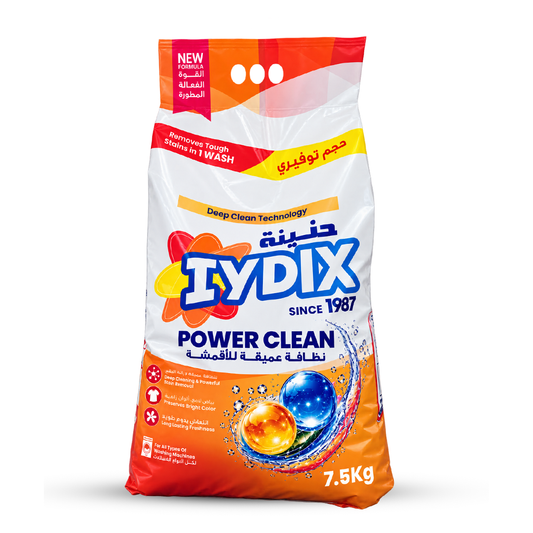 A 7.5kg bag of Tydix Power Clean laundry detergent, featuring its signature white packaging with orange and red accents, blue brand lettering, and illustrations of colorful cleaning pods.